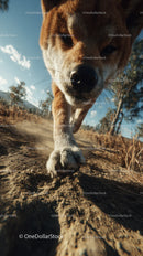 Close-up of a brown and white dog running outdoors on a trail