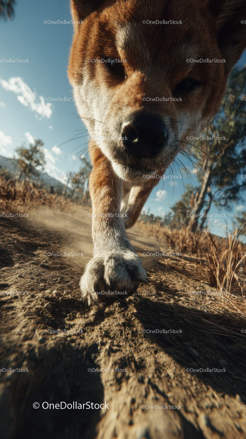 Close-up of a brown and white dog running outdoors on a trail