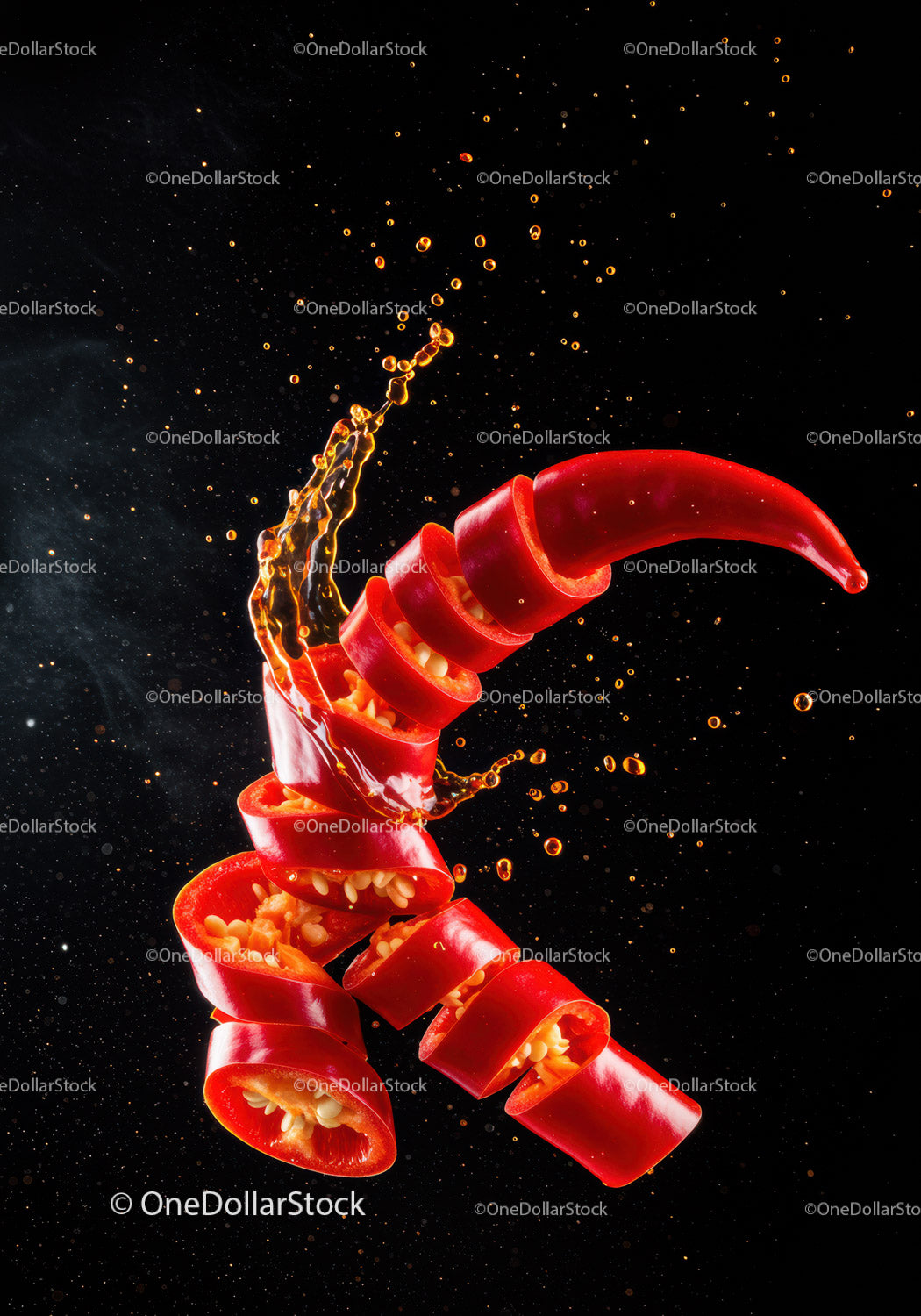 Sliced red chili pepper with splashing liquid on black