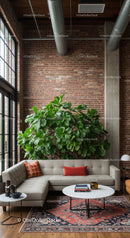 Indoor Plant and Modern Living Room with Brick Wall and Cozy Sofa