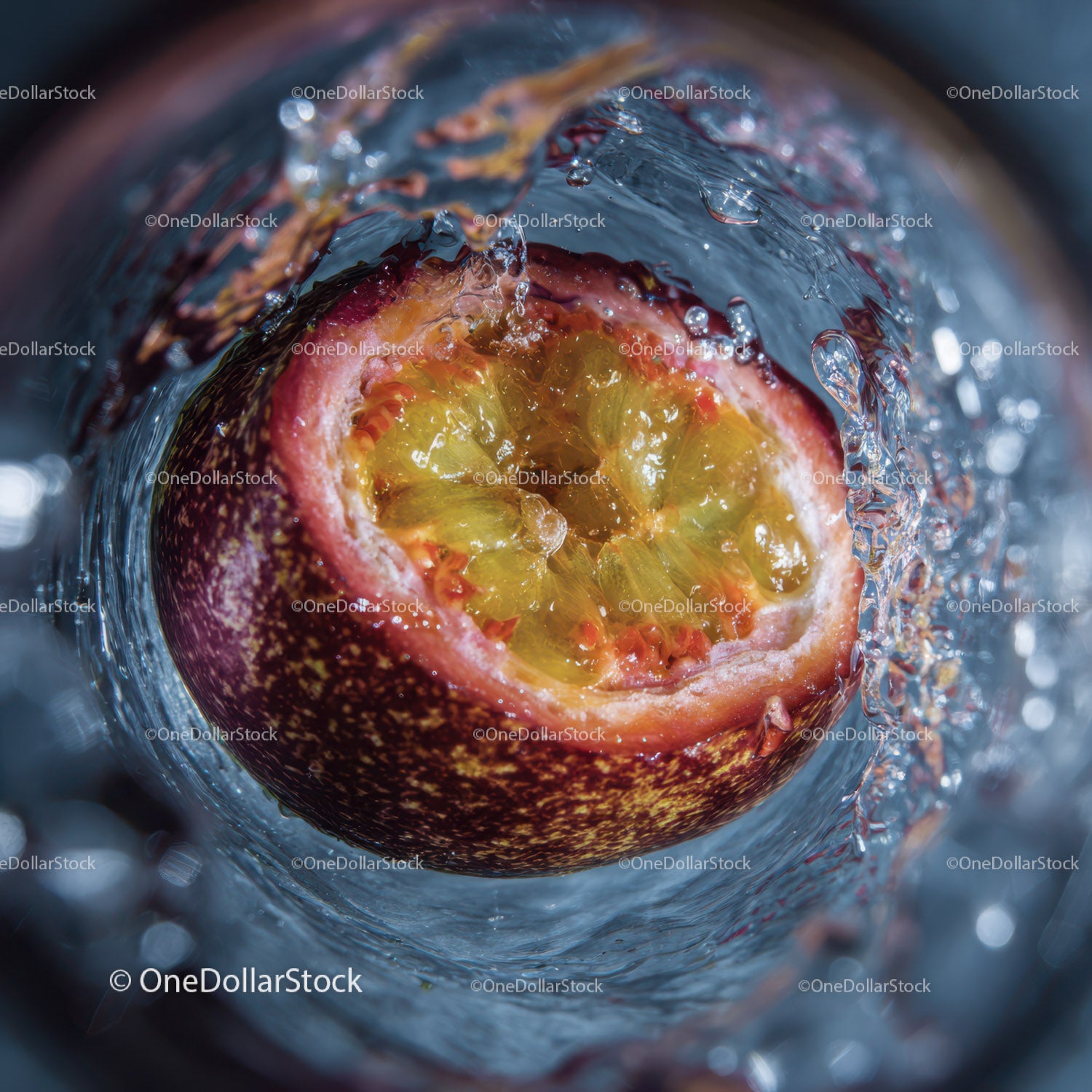 Close-up of Passion Fruit Slice with Juicy Yellow Pulp in Water