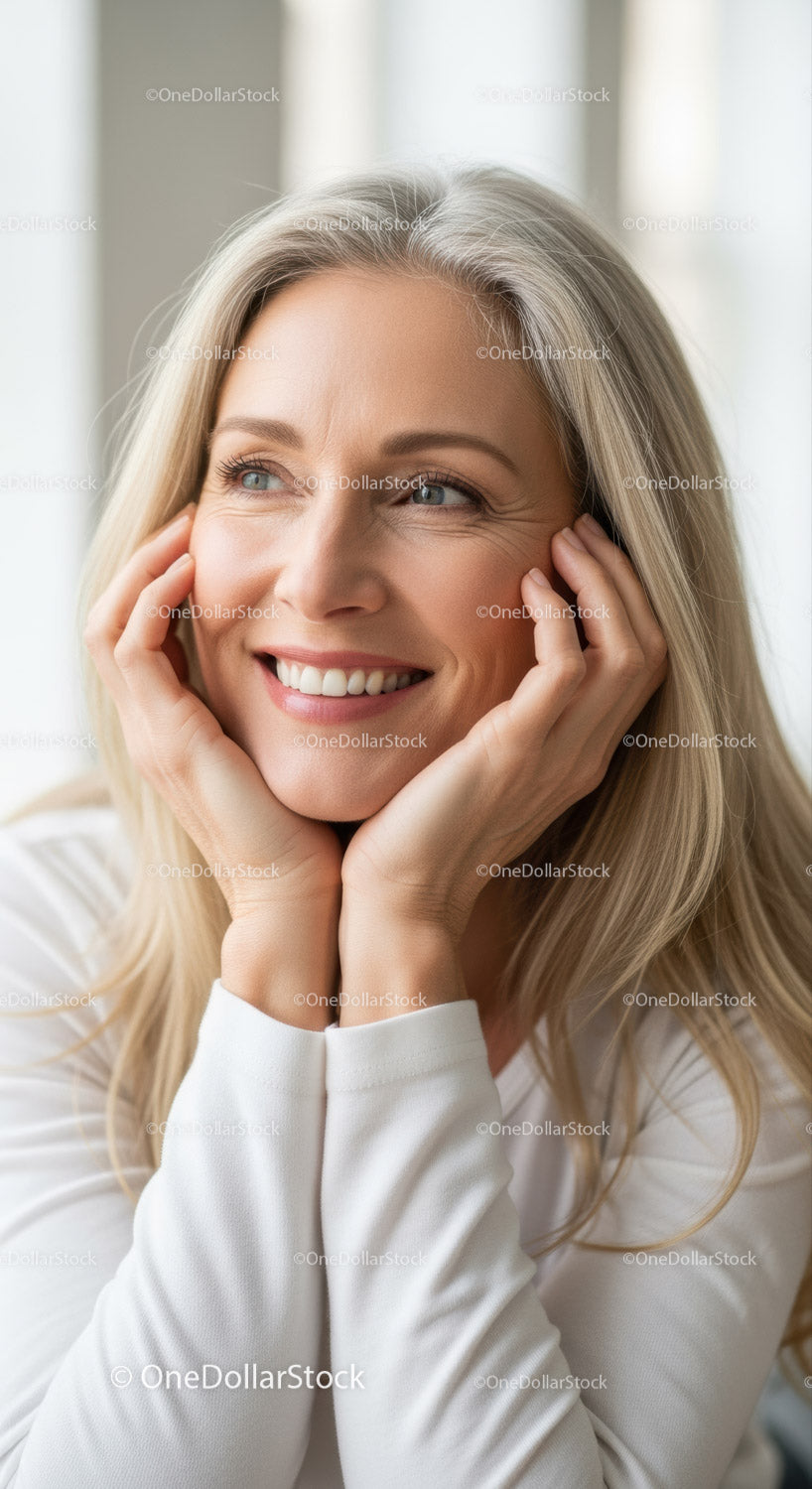 Elegancka, uśmiechnięta blondynka relaksująca się radośnie w naturalnym świetle