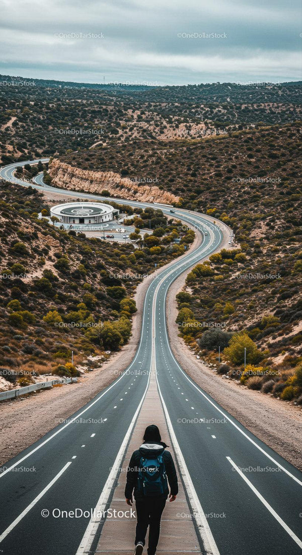 Scenic Mountain Road Winding Through Rugged Terrain with Hiker