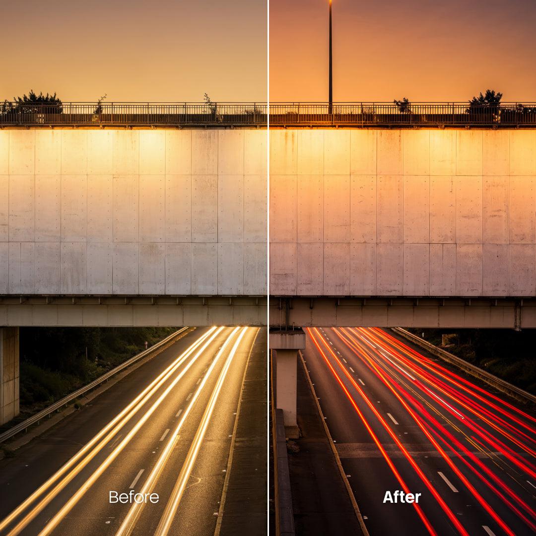 Before and after Neon Night City LUT Pack effect