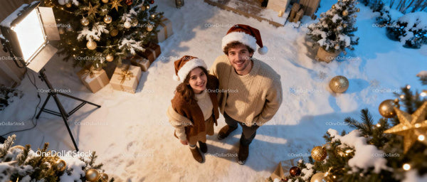 Couple Wearing Santa Hats Enjoying Christmas Decor Outdoors