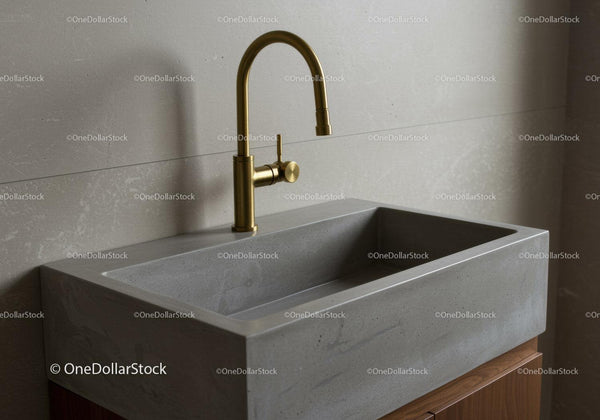 Modern Concrete Sink with Brass Faucet in Contemporary Interior