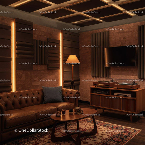 Cozy vintage living room with leather sofa and record player