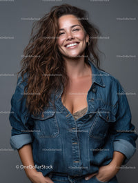 Joyful Woman with Long Wavy Hair Wearing Denim Jacket