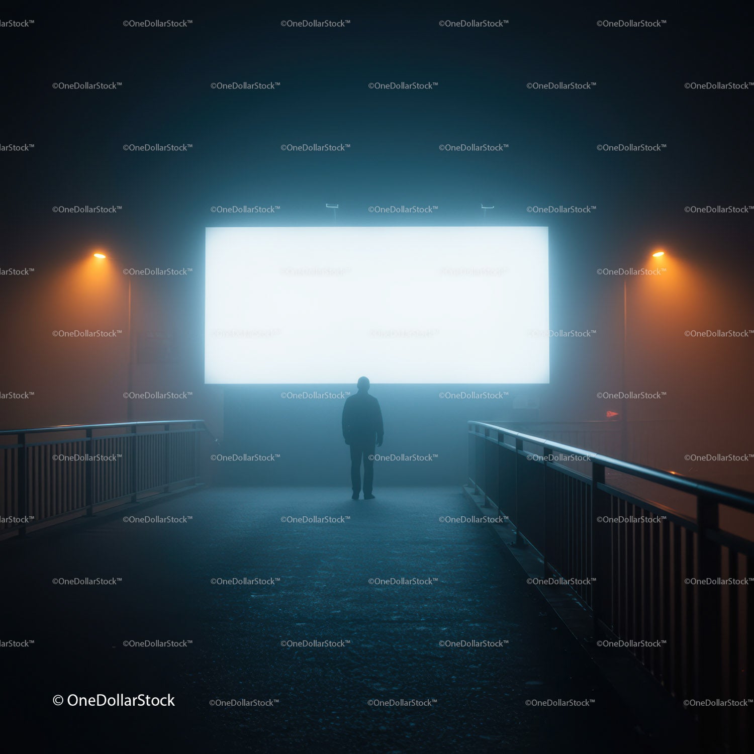 Silhouette of solitary person in foggy night near billboard