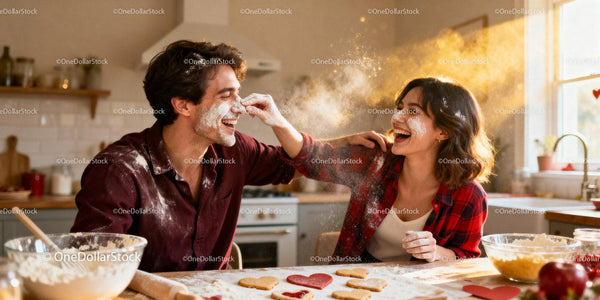 Couple Playfully Baking Heart-Shaped Cookies Together