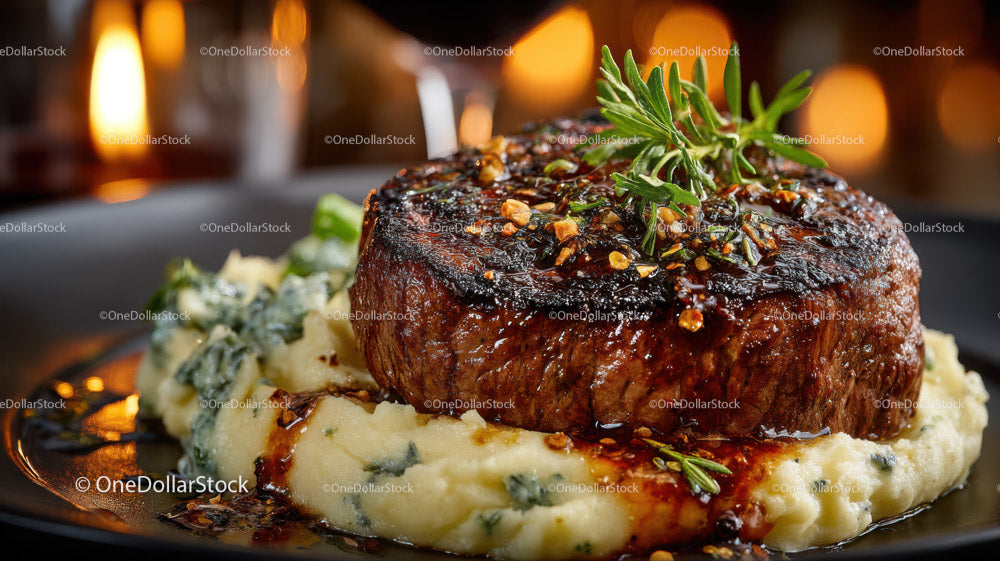 Gourmet Grilled Beef Steak with Mashed Potatoes and Herb Garnish