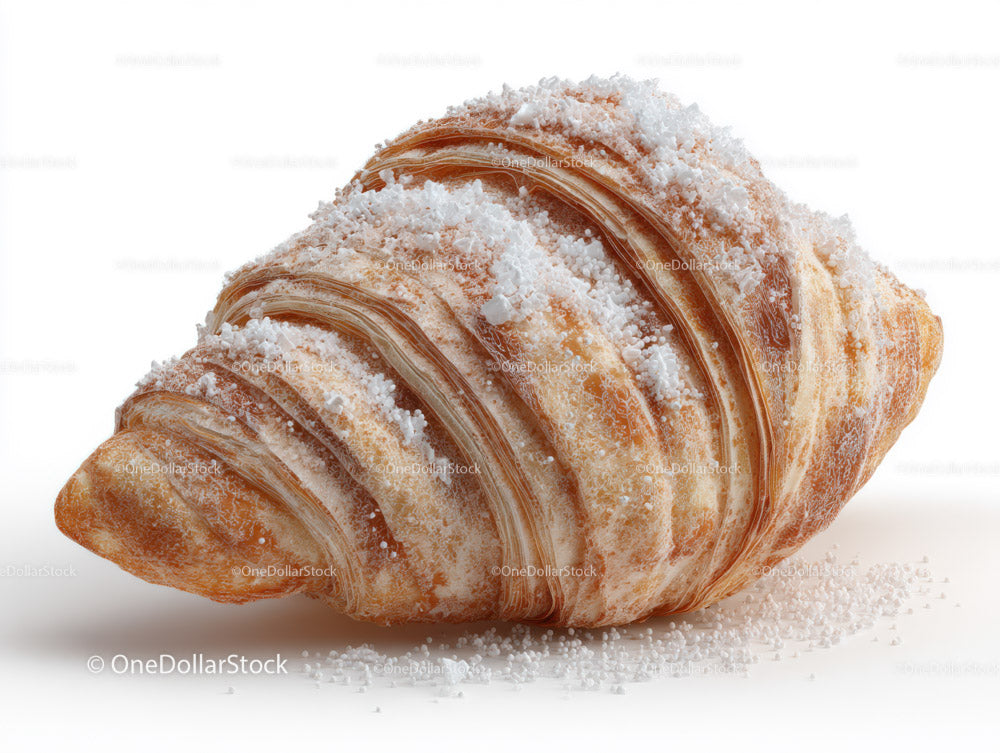Golden Croissant with Powdered Sugar on White Background