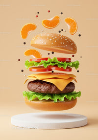 Floating Cheeseburger with Fresh Ingredients and Citrus Slices