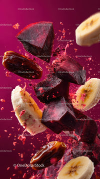 Vibrant Fruit Explosion with Berries Banana and Dates in Motion