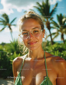 Young Woman Wearing Sunglasses Smiling Outdoors in Tropical Setting