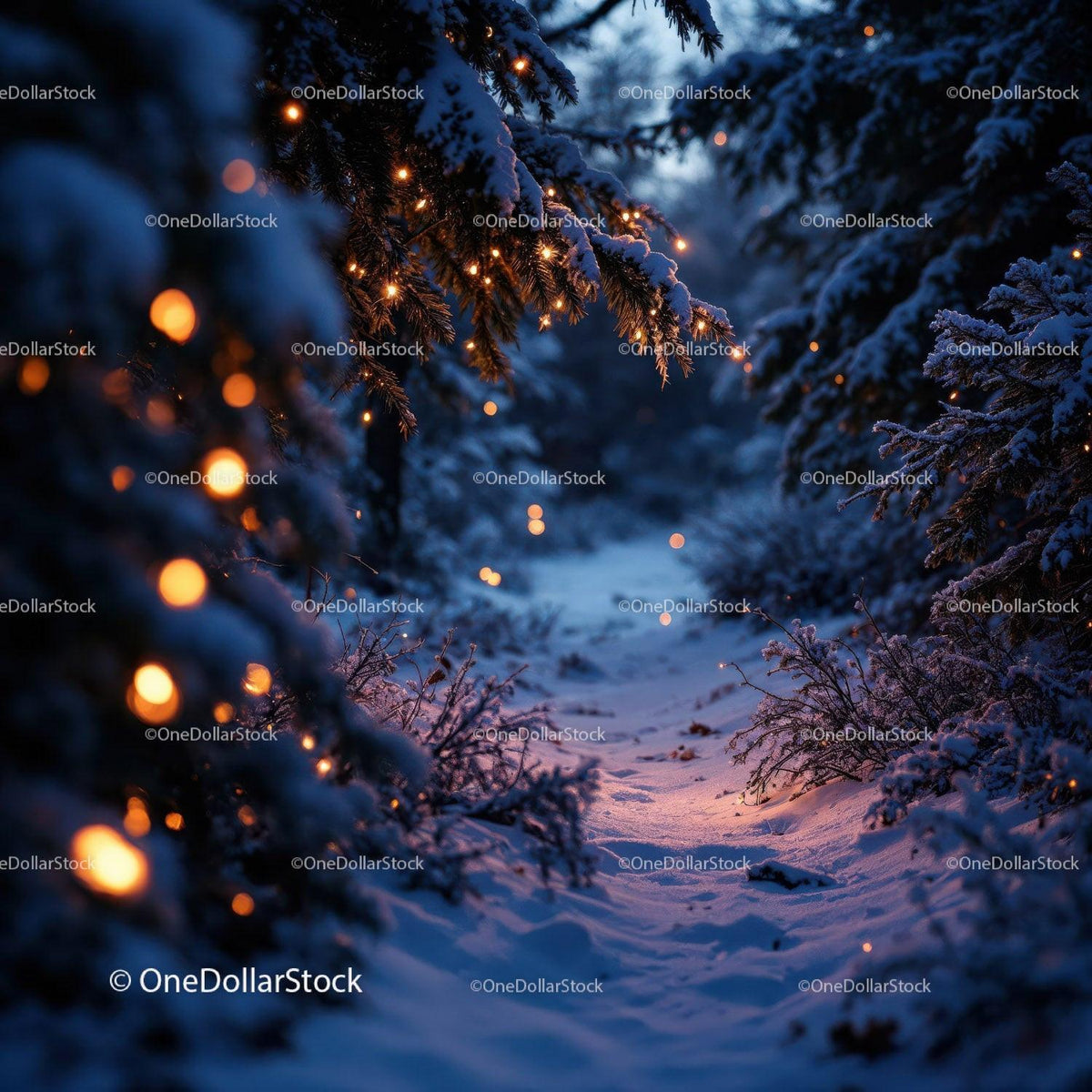 Snowy forest path illuminated by warm string lights