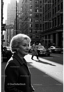 Urban City Street Scene with Older Woman in Black and White