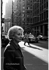 Urban City Street Scene with Older Woman in Black and White