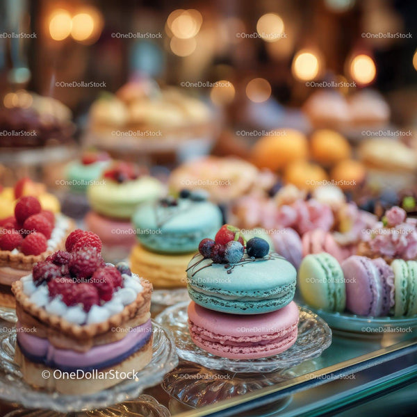 Colorful Assorted Macarons Display in Bakery Shop