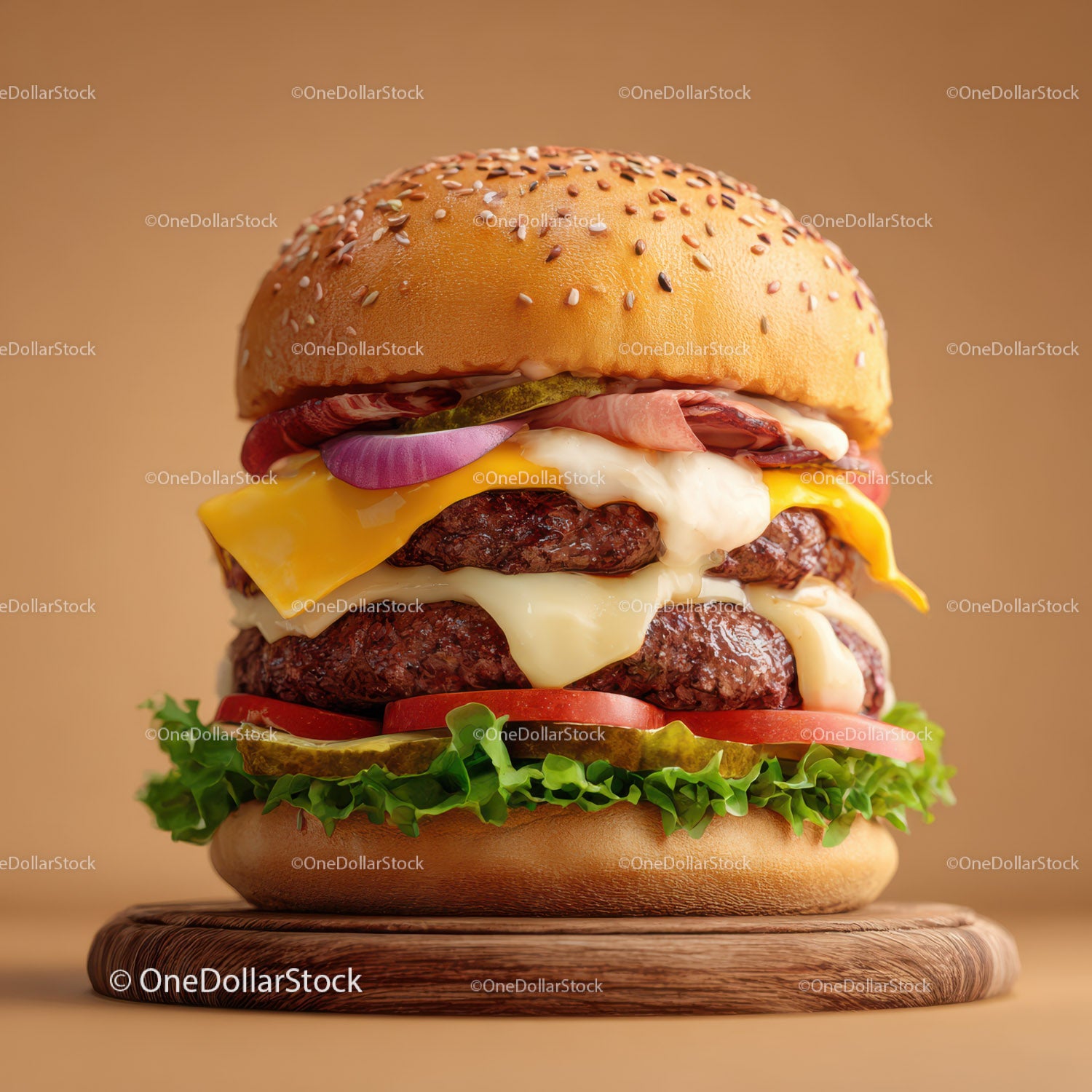 Gourmet Double Cheeseburger with Melted Cheese and Fresh Vegetables