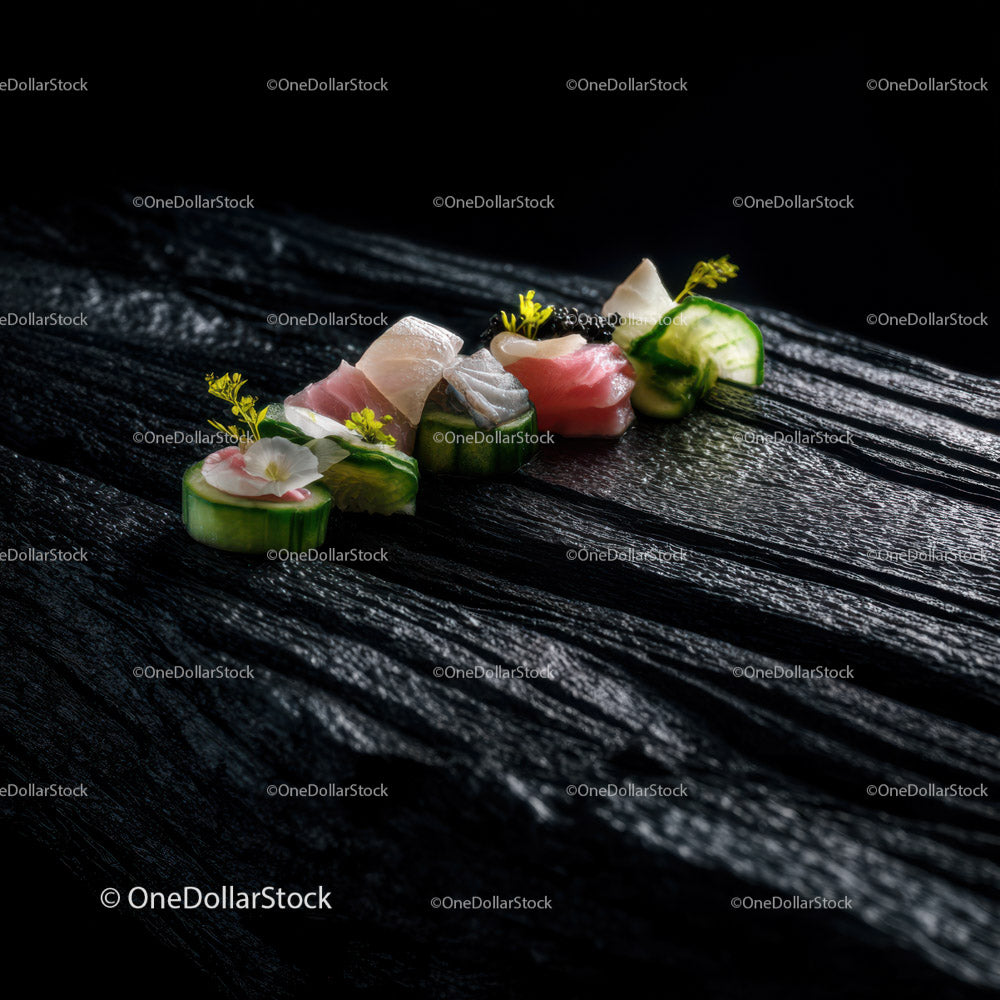 Elegant Sushi Platter Featuring Fresh Fish and Edible Flowers on Dark Wooden Surface