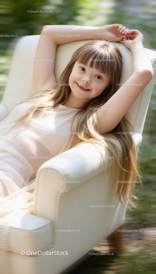 Smiling girl with Down syndrome relaxing outdoors
