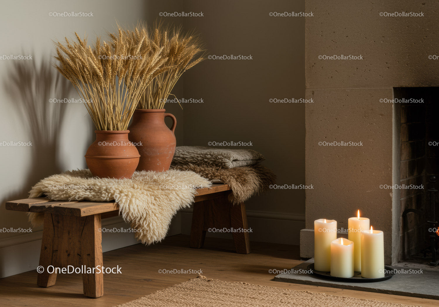 Cozy rustic corner with dried wheat and glowing candles