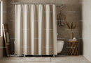 Beige Shower Curtain Bathroom with Dried Pampas Grass and Wooden Side Table
