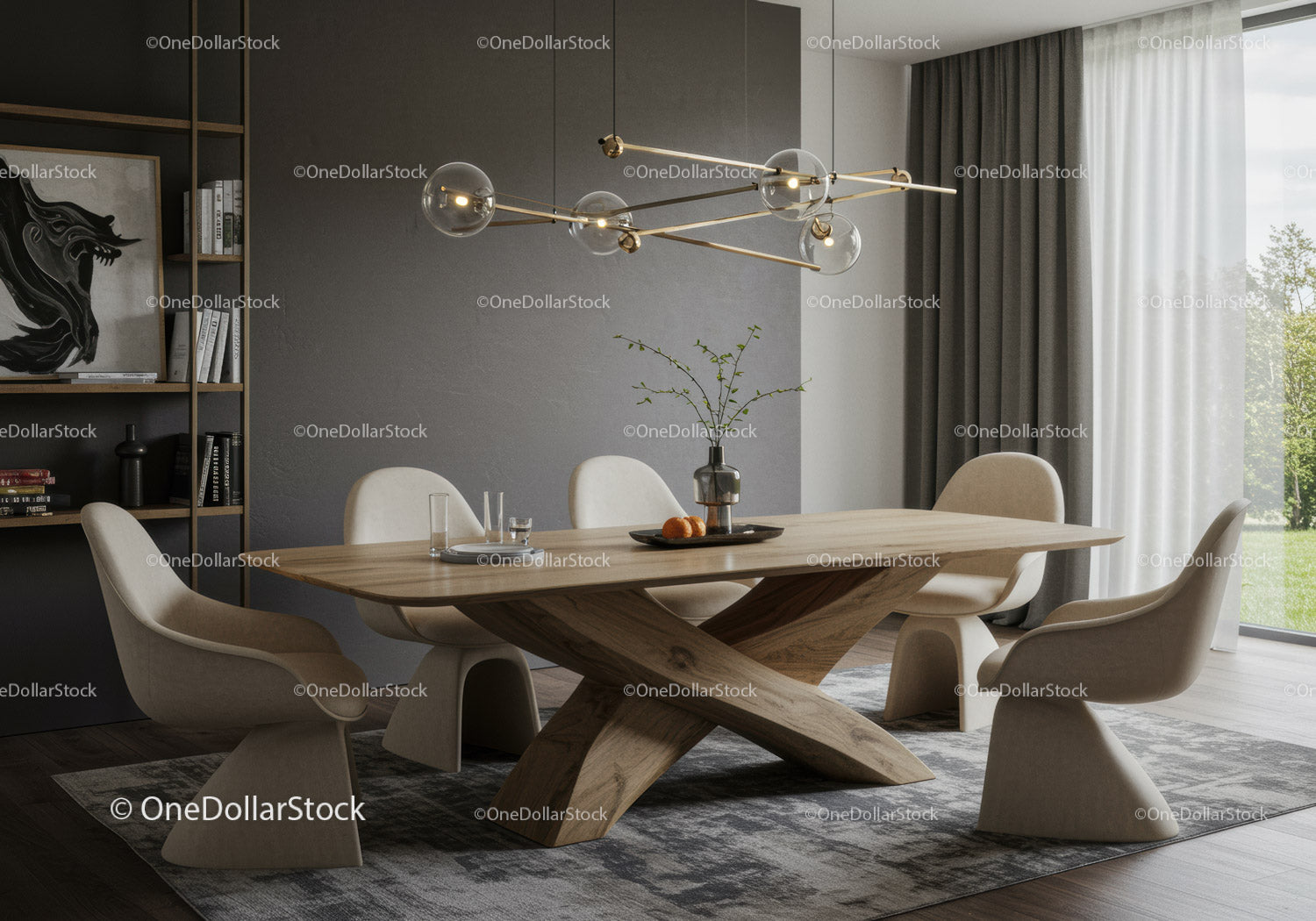 Modern Dining Room with Wooden Table and Contemporary Lighting