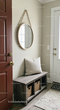 Cozy Entryway with Wooden Bench and Wall Mirror in Neutral Tones