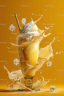 Creamy Milk Splash with Flowers in a Tall Glass on Yellow Background
