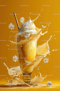 Creamy Milk Splash with Flowers in a Tall Glass on Yellow Background