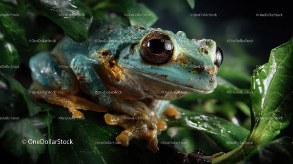 Close-Up of a Vibrant Green Tree Frog amidst Dense Green Foliage
