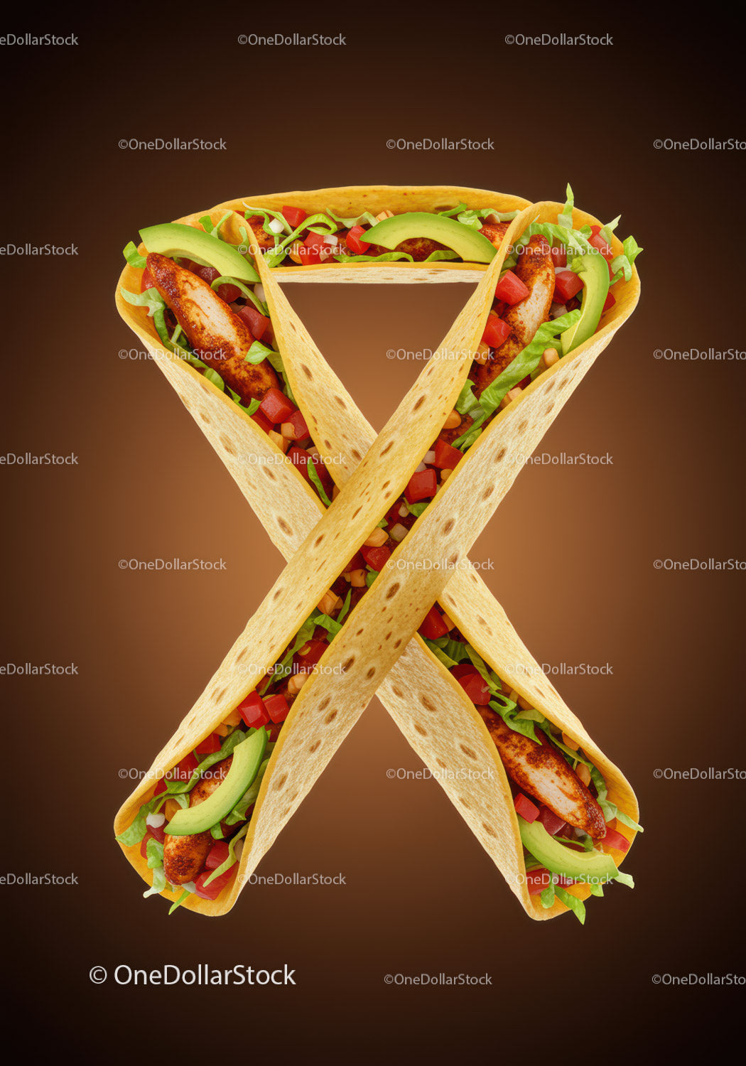 Two Chicken Tacos Arranged in Cross Shape with Fresh Vegetables