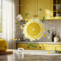 Fresh lemon splash with ice and rosemary in kitchen