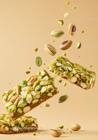 Crunchy pistachio nut bar breaking apart mid-air