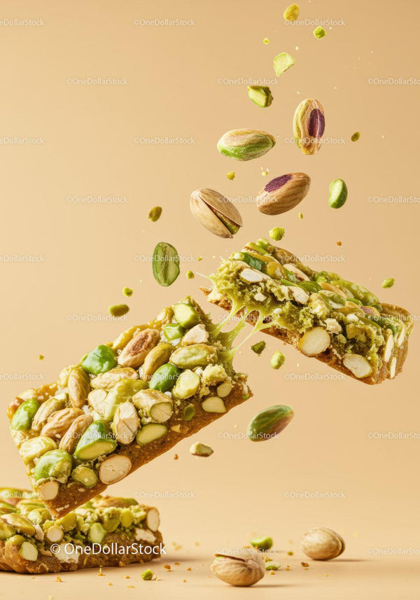 Crunchy pistachio nut bar breaking apart mid-air