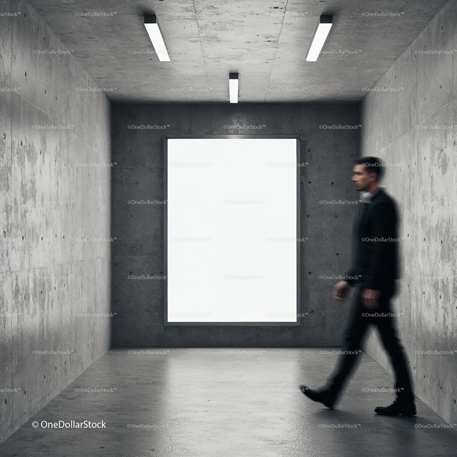 Blurred Businessman Walking Past Empty Concrete Room