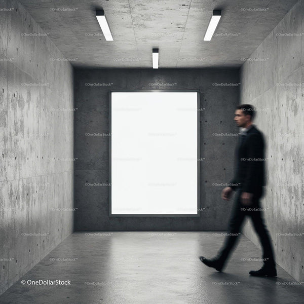 Blurred Businessman Walking Past Empty Concrete Room JPG Mockup Image