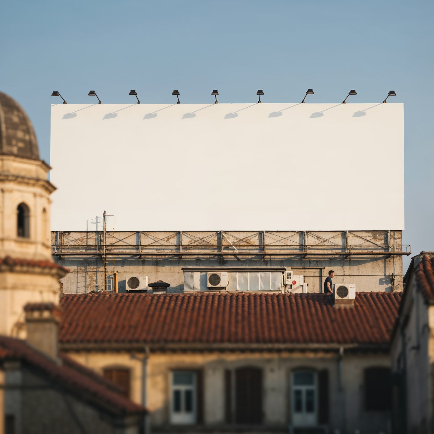 Pusty billboard na dachu w historycznym otoczeniu miejskim