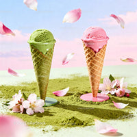 Refreshing Matcha and Strawberry Ice Cream Cones