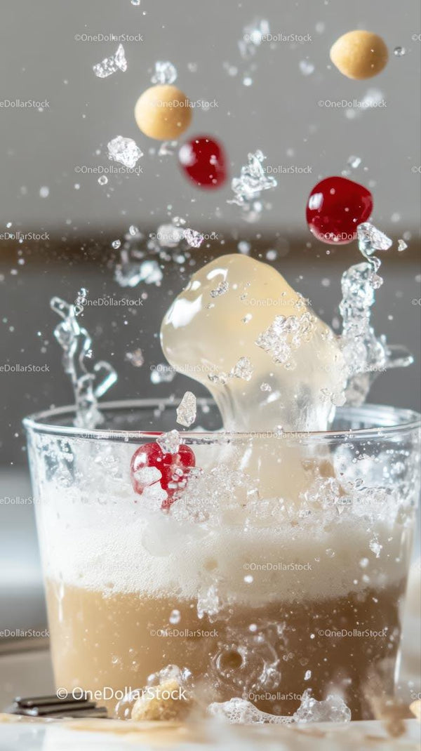Refreshing Beverage with Fruit and Ice Cubes in Splash Motion