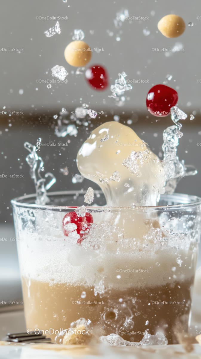 Refreshing Beverage with Fruit and Ice Cubes in Splash Motion