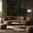 Cozy brown curved sofa in stylish modern living room