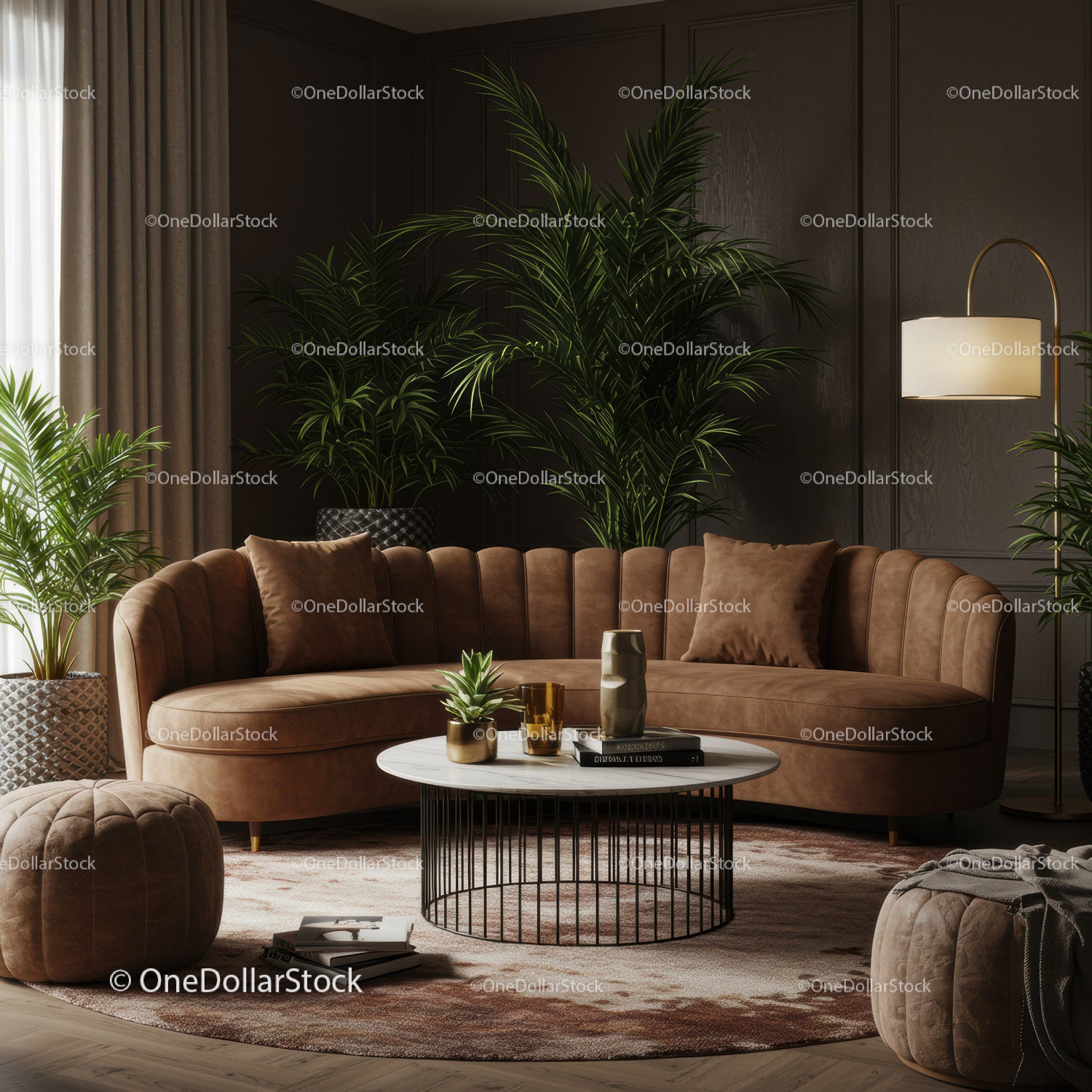 Cozy brown curved sofa in stylish modern living room