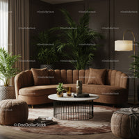 Cozy brown curved sofa in stylish modern living room