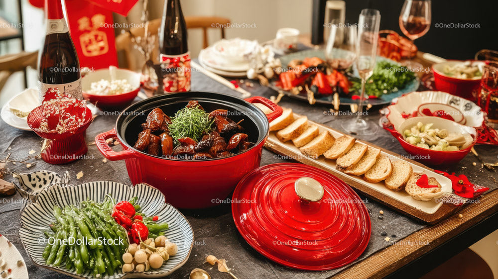 Vibrant Festive Dinner with Asian Cuisine and Variety of Dishes