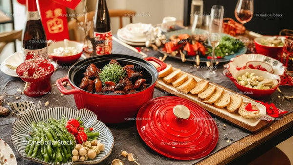 Vibrant Festive Dinner with Asian Cuisine and Variety of Dishes
