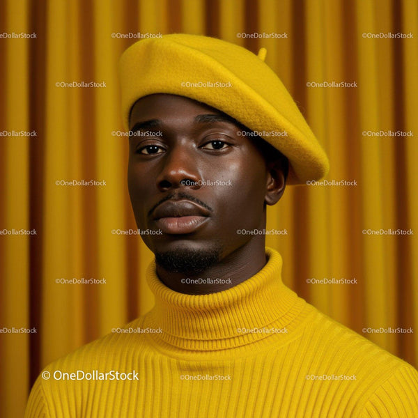 Stylish man wearing yellow beret and turtleneck sweater