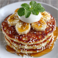 Stack of Golden Brown Pancakes with Banana Slices and Caramel Drizzle